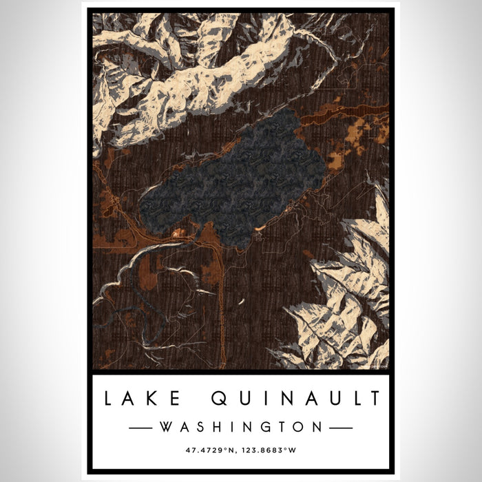 Lake Quinault Washington Map Print Portrait Orientation in Ember Style With Shaded Background