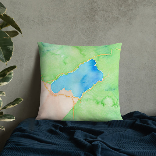Custom Lake Quinault Washington Map Throw Pillow in Watercolor on Bedding Against Wall