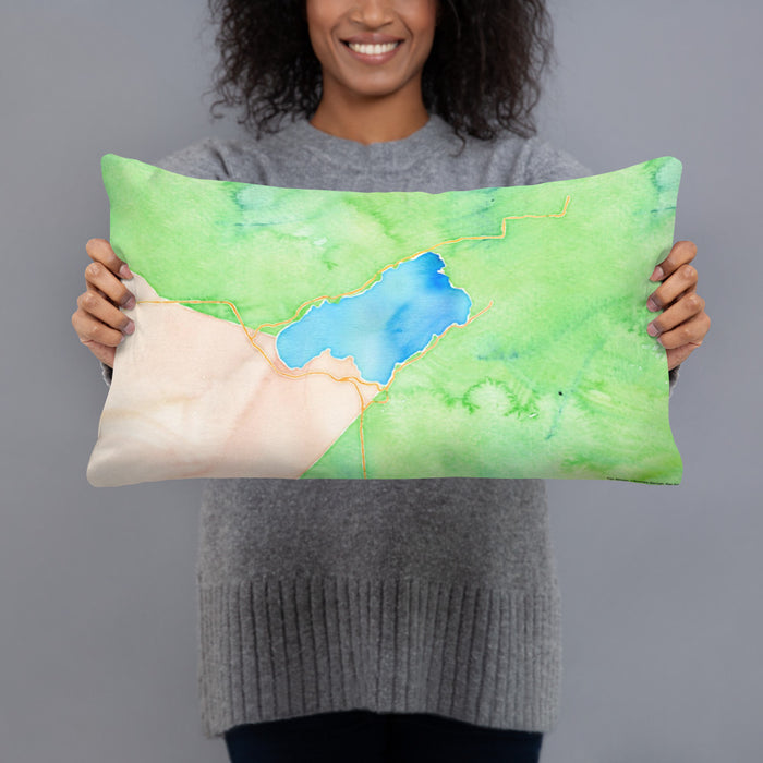 Person holding 20x12 Custom Lake Quinault Washington Map Throw Pillow in Watercolor