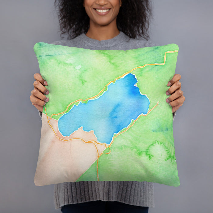 Person holding 18x18 Custom Lake Quinault Washington Map Throw Pillow in Watercolor