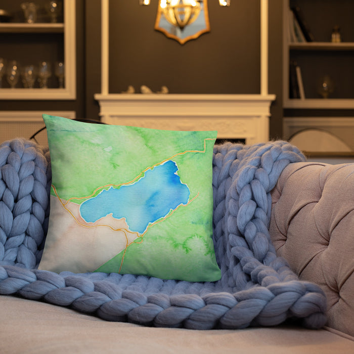 Custom Lake Quinault Washington Map Throw Pillow in Watercolor on Cream Colored Couch