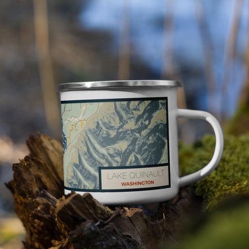 Right View Custom Lake Quinault Washington Map Enamel Mug in Woodblock on Grass With Trees in Background