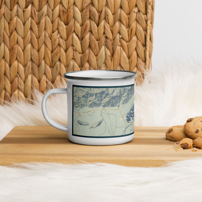 Left View Custom Lake Quinault Washington Map Enamel Mug in Woodblock on Table Top