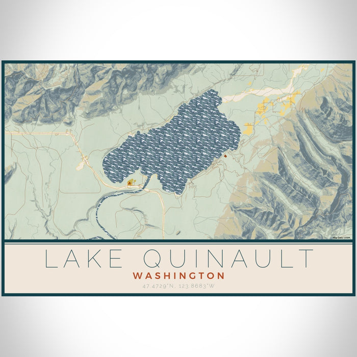 Lake Quinault Washington Map Print Landscape Orientation in Woodblock Style With Shaded Background