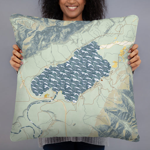Person holding 22x22 Custom Lake Quinault Washington Map Throw Pillow in Woodblock