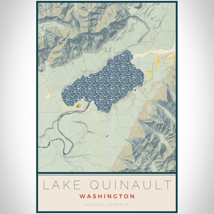 Lake Quinault Washington Map Print Portrait Orientation in Woodblock Style With Shaded Background