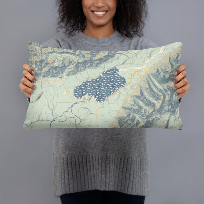 Person holding 20x12 Custom Lake Quinault Washington Map Throw Pillow in Woodblock