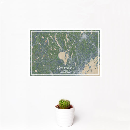 12x18 Lakes Region Maine Map Print Landscape Orientation in Afternoon Style With Small Cactus Plant in White Planter