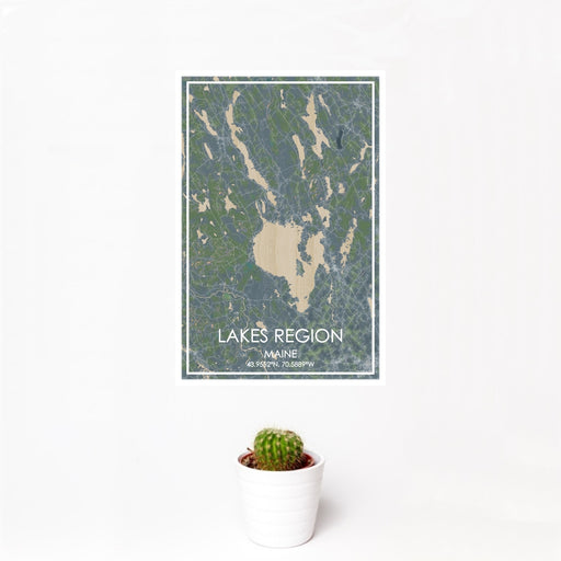 12x18 Lakes Region Maine Map Print Portrait Orientation in Afternoon Style With Small Cactus Plant in White Planter
