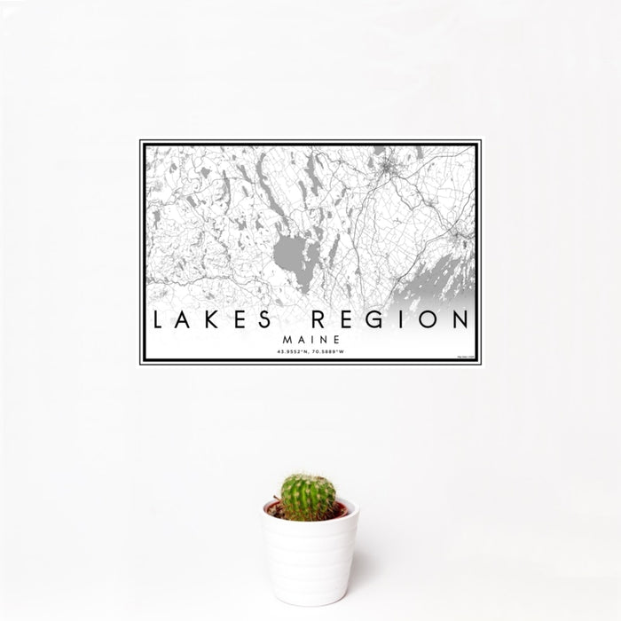 12x18 Lakes Region Maine Map Print Landscape Orientation in Classic Style With Small Cactus Plant in White Planter
