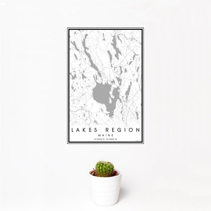 12x18 Lakes Region Maine Map Print Portrait Orientation in Classic Style With Small Cactus Plant in White Planter