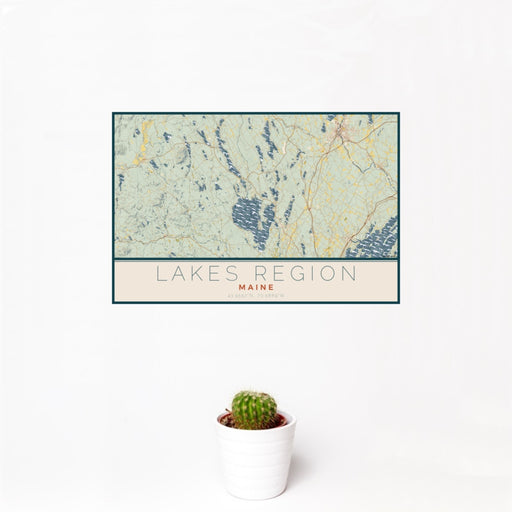 12x18 Lakes Region Maine Map Print Landscape Orientation in Woodblock Style With Small Cactus Plant in White Planter