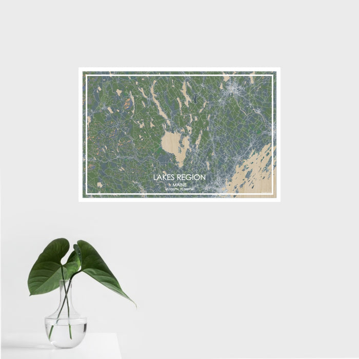 16x24 Lakes Region Maine Map Print Landscape Orientation in Afternoon Style With Tropical Plant Leaves in Water