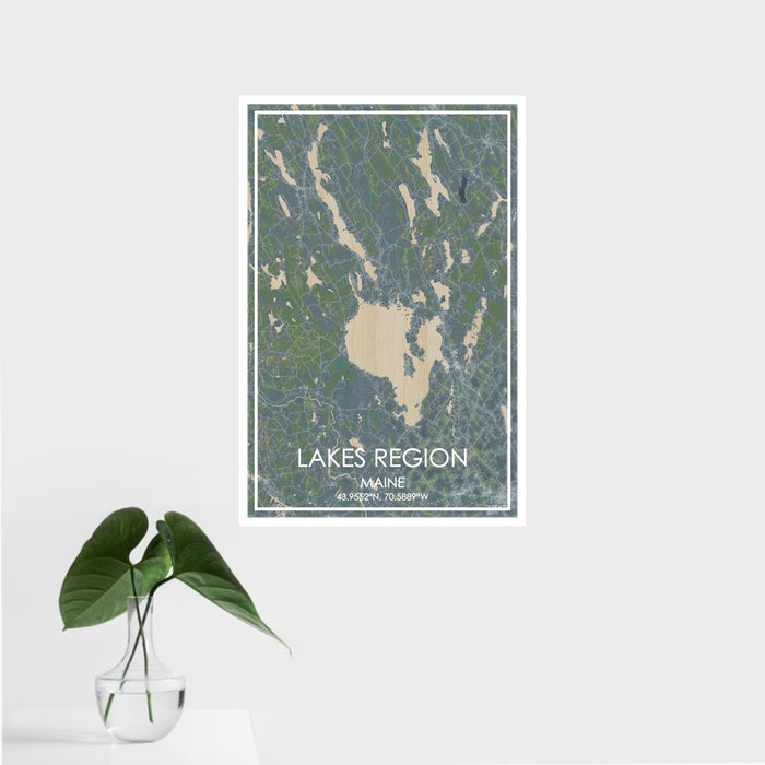 16x24 Lakes Region Maine Map Print Portrait Orientation in Afternoon Style With Tropical Plant Leaves in Water