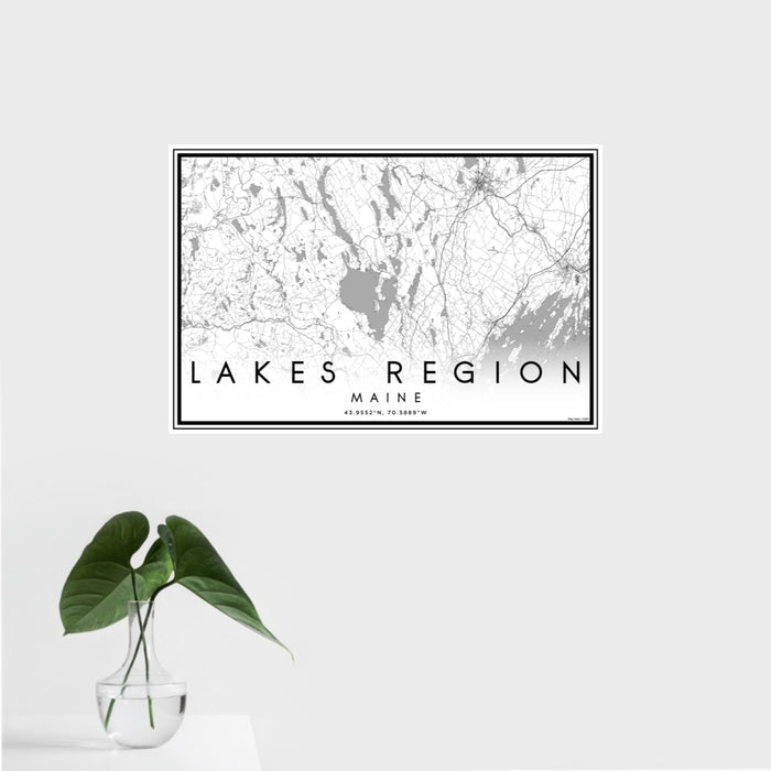 16x24 Lakes Region Maine Map Print Landscape Orientation in Classic Style With Tropical Plant Leaves in Water