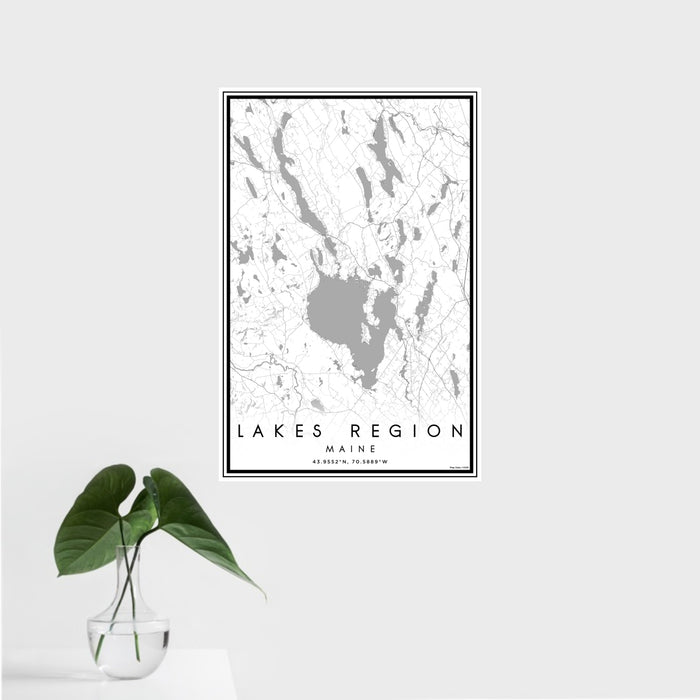 16x24 Lakes Region Maine Map Print Portrait Orientation in Classic Style With Tropical Plant Leaves in Water