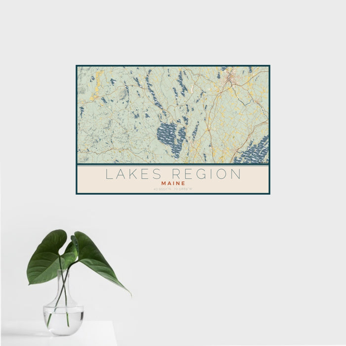 16x24 Lakes Region Maine Map Print Landscape Orientation in Woodblock Style With Tropical Plant Leaves in Water