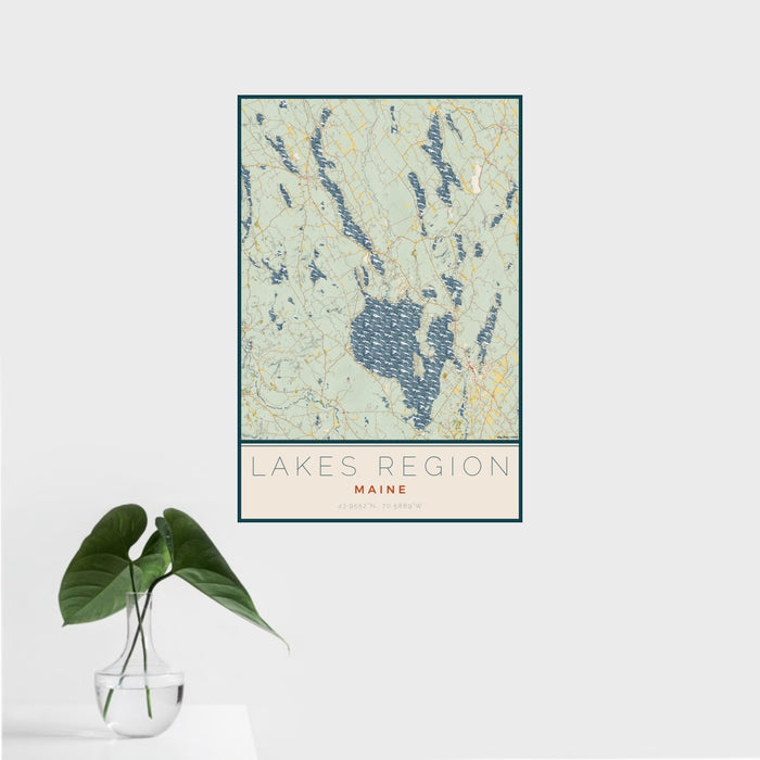 16x24 Lakes Region Maine Map Print Portrait Orientation in Woodblock Style With Tropical Plant Leaves in Water
