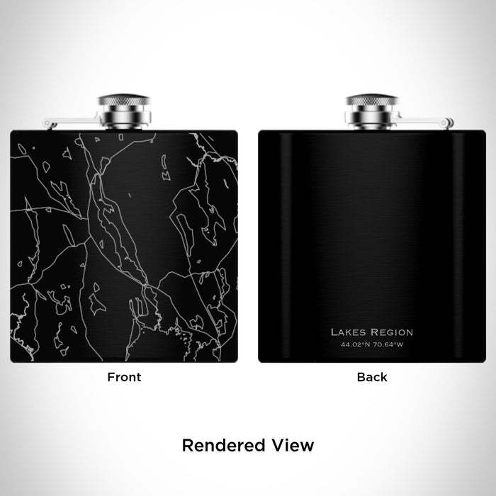 Rendered View of Lakes Region Maine Map Engraving on 6oz Stainless Steel Flask in Black