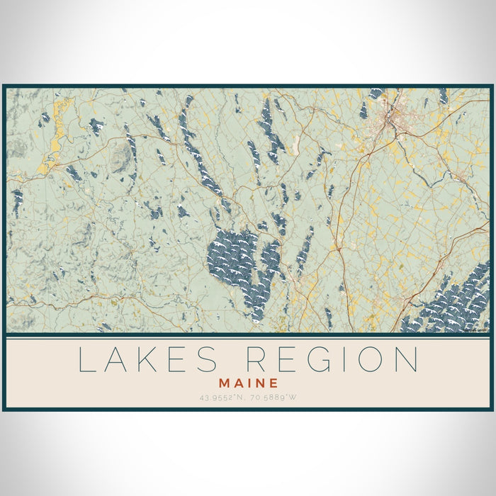 Lakes Region Maine Map Print Landscape Orientation in Woodblock Style With Shaded Background