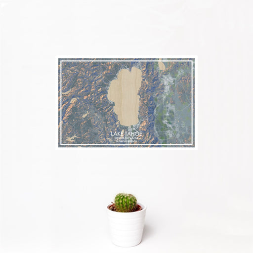12x18 Lake Tahoe Sierra Nevada Map Print Landscape Orientation in Afternoon Style With Small Cactus Plant in White Planter