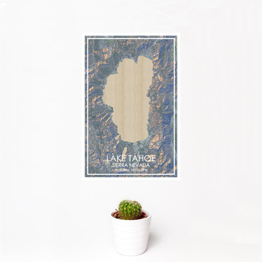 12x18 Lake Tahoe Sierra Nevada Map Print Portrait Orientation in Afternoon Style With Small Cactus Plant in White Planter