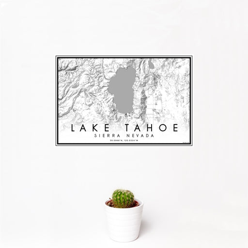 12x18 Lake Tahoe Sierra Nevada Map Print Landscape Orientation in Classic Style With Small Cactus Plant in White Planter