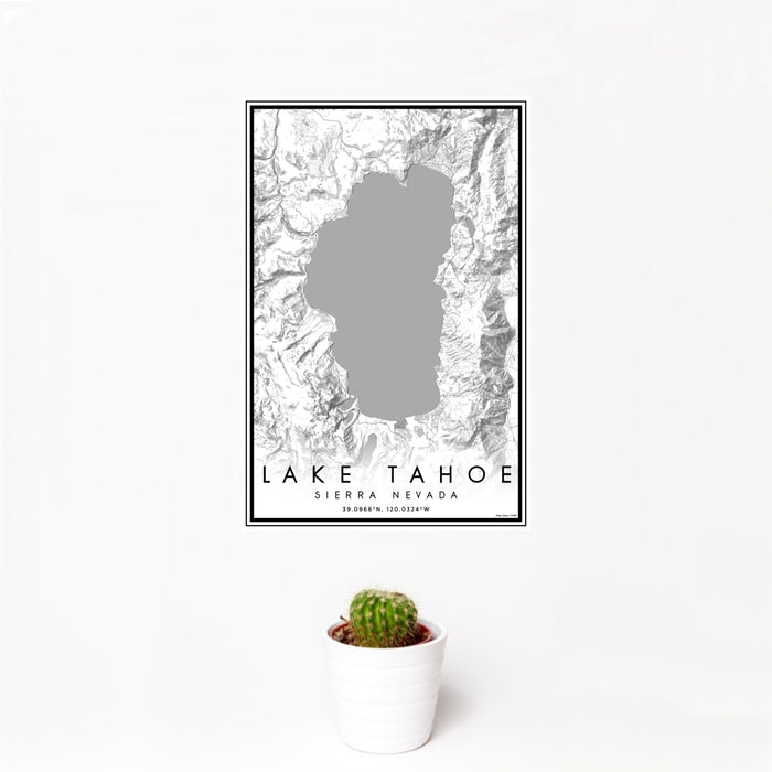 12x18 Lake Tahoe Sierra Nevada Map Print Portrait Orientation in Classic Style With Small Cactus Plant in White Planter