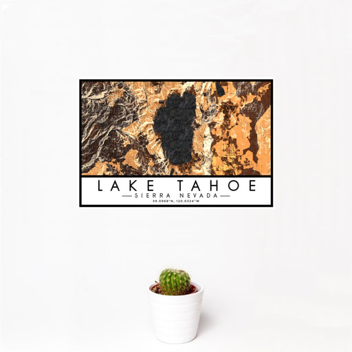 12x18 Lake Tahoe Sierra Nevada Map Print Landscape Orientation in Ember Style With Small Cactus Plant in White Planter