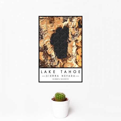 12x18 Lake Tahoe Sierra Nevada Map Print Portrait Orientation in Ember Style With Small Cactus Plant in White Planter