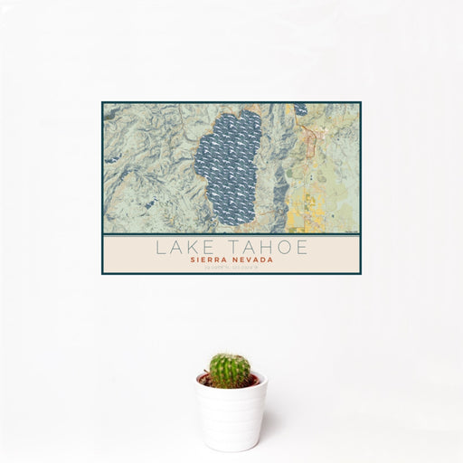 12x18 Lake Tahoe Sierra Nevada Map Print Landscape Orientation in Woodblock Style With Small Cactus Plant in White Planter