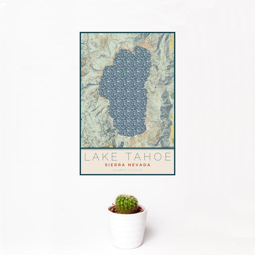12x18 Lake Tahoe Sierra Nevada Map Print Portrait Orientation in Woodblock Style With Small Cactus Plant in White Planter