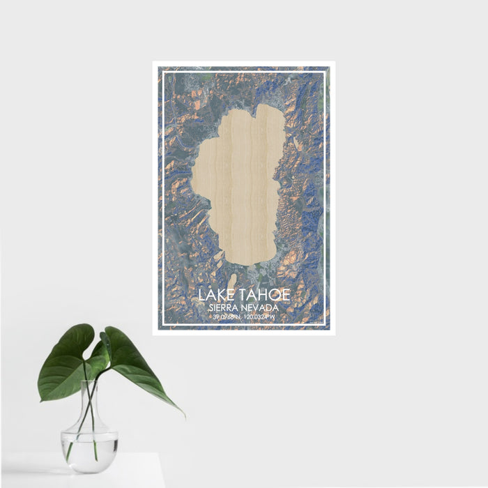 16x24 Lake Tahoe Sierra Nevada Map Print Portrait Orientation in Afternoon Style With Tropical Plant Leaves in Water