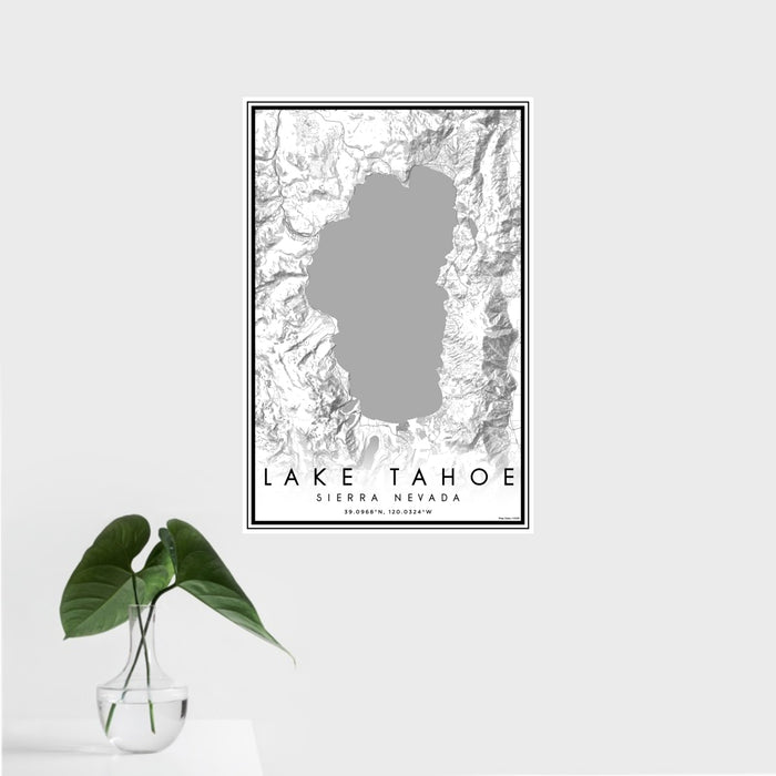 16x24 Lake Tahoe Sierra Nevada Map Print Portrait Orientation in Classic Style With Tropical Plant Leaves in Water