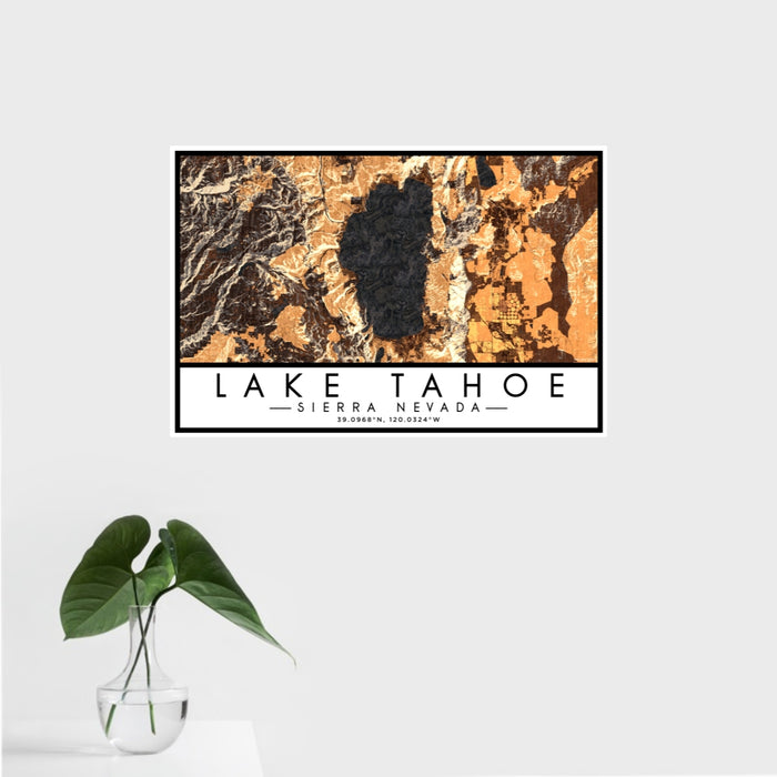 16x24 Lake Tahoe Sierra Nevada Map Print Landscape Orientation in Ember Style With Tropical Plant Leaves in Water