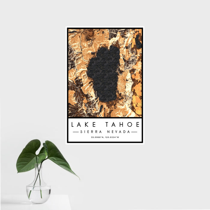 16x24 Lake Tahoe Sierra Nevada Map Print Portrait Orientation in Ember Style With Tropical Plant Leaves in Water