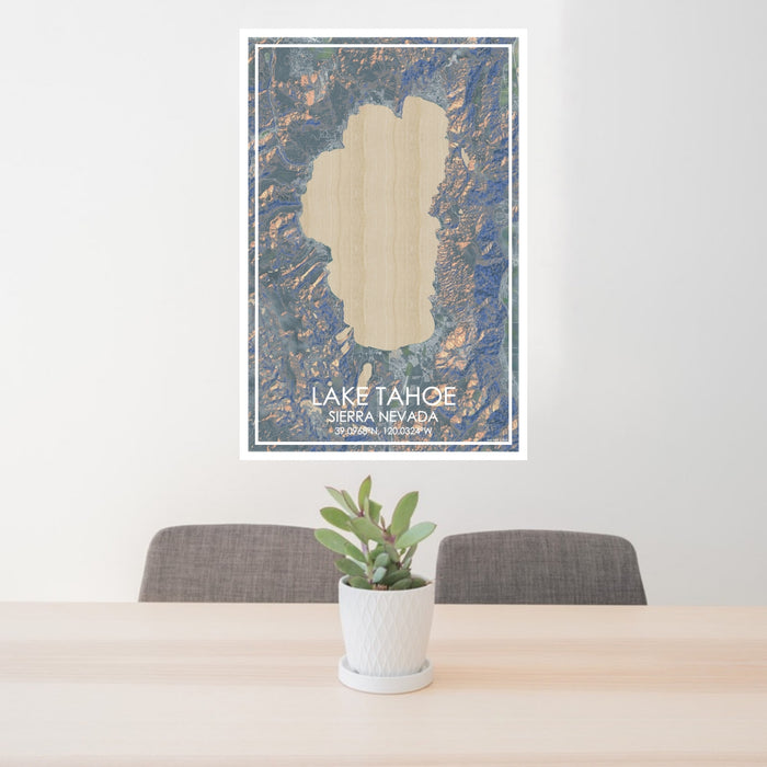 24x36 Lake Tahoe Sierra Nevada Map Print Portrait Orientation in Afternoon Style Behind 2 Chairs Table and Potted Plant