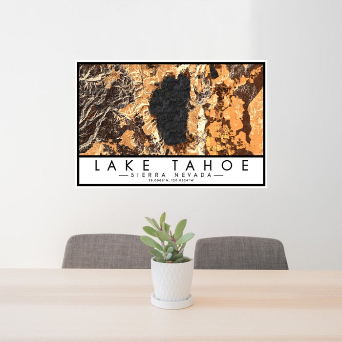 24x36 Lake Tahoe Sierra Nevada Map Print Lanscape Orientation in Ember Style Behind 2 Chairs Table and Potted Plant