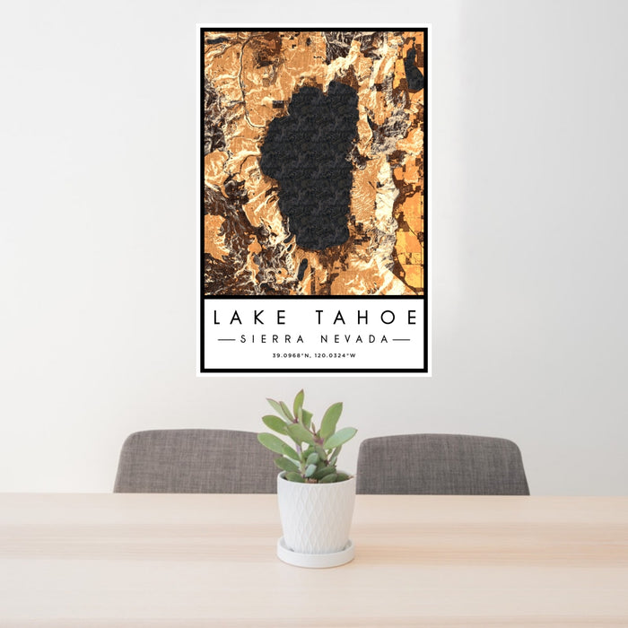 24x36 Lake Tahoe Sierra Nevada Map Print Portrait Orientation in Ember Style Behind 2 Chairs Table and Potted Plant