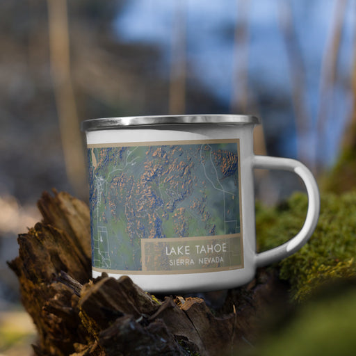 Right View Custom Lake Tahoe Sierra Nevada Map Enamel Mug in Afternoon on Grass With Trees in Background