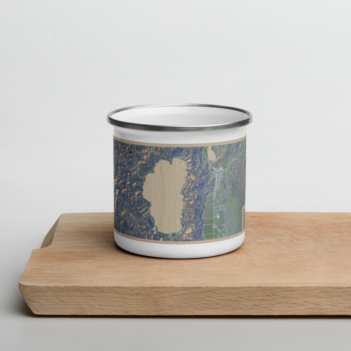 Front View Custom Lake Tahoe Sierra Nevada Map Enamel Mug in Afternoon on Cutting Board