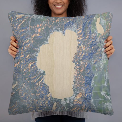 Person holding 22x22 Custom Lake Tahoe Sierra Nevada Map Throw Pillow in Afternoon
