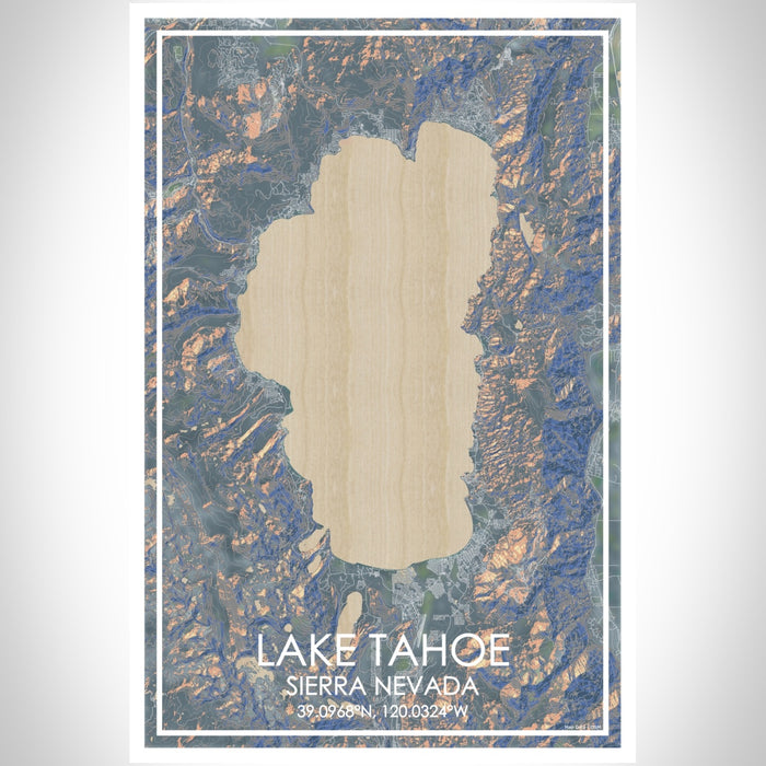 Lake Tahoe Sierra Nevada Map Print Portrait Orientation in Afternoon Style With Shaded Background