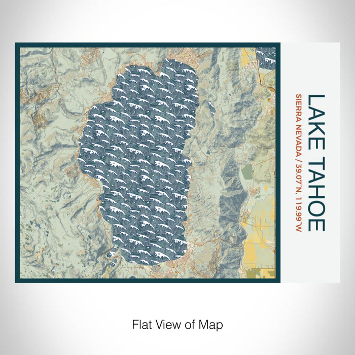 Rendered View of Lake Tahoe Sierra Nevada Map on 20oz Stainless Steel Insulated Bottle with Bamboo Top with printed woodblock style map