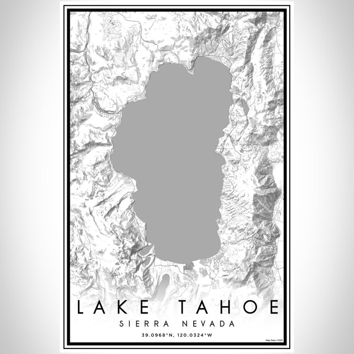 Lake Tahoe Sierra Nevada Map Print Portrait Orientation in Classic Style With Shaded Background