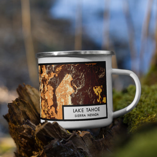 Right View Custom Lake Tahoe Sierra Nevada Map Enamel Mug in Ember on Grass With Trees in Background
