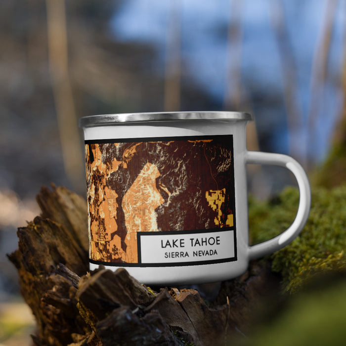 Right View Custom Lake Tahoe Sierra Nevada Map Enamel Mug in Ember on Grass With Trees in Background