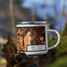 Right View Custom Lake Tahoe Sierra Nevada Map Enamel Mug in Ember on Grass With Trees in Background