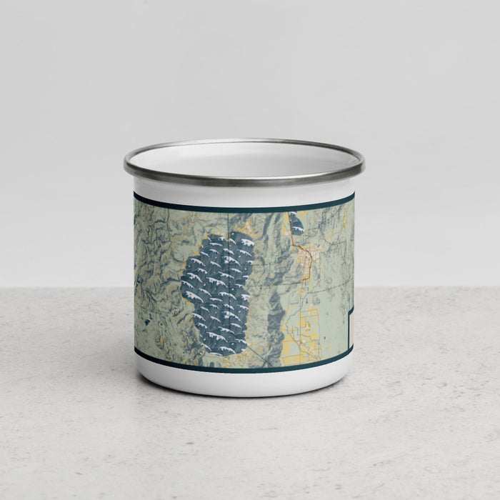 Front View Custom Lake Tahoe Sierra Nevada Map Enamel Mug in Woodblock