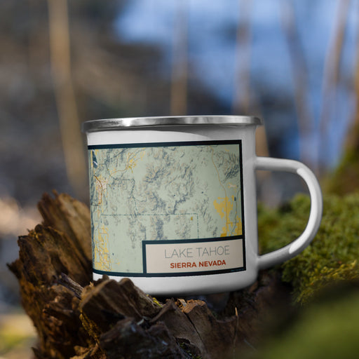 Right View Custom Lake Tahoe Sierra Nevada Map Enamel Mug in Woodblock on Grass With Trees in Background